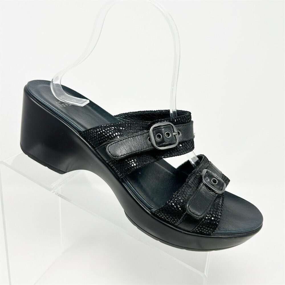 Dansko Jessie Wedge Slide Sandals Womens Black Lizard Embossed Double Size 41
